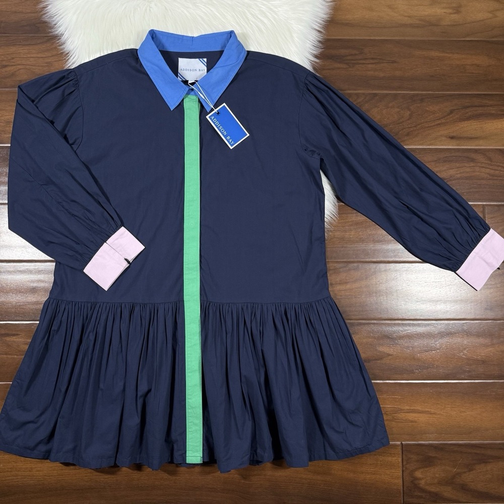 Addison Bay Women's Size Large Navy Blue‎ Collared Poplin Lane Shirt Dress